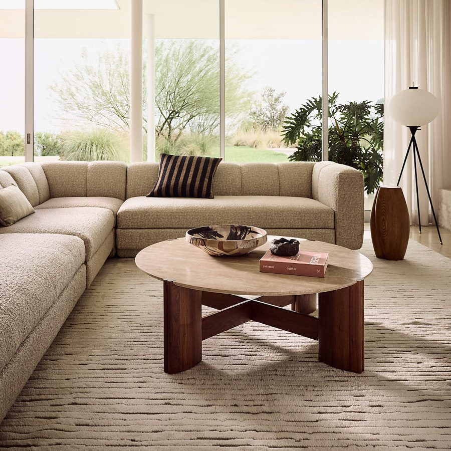 Camel Brown Marble And Walnut Wood Coffee Table