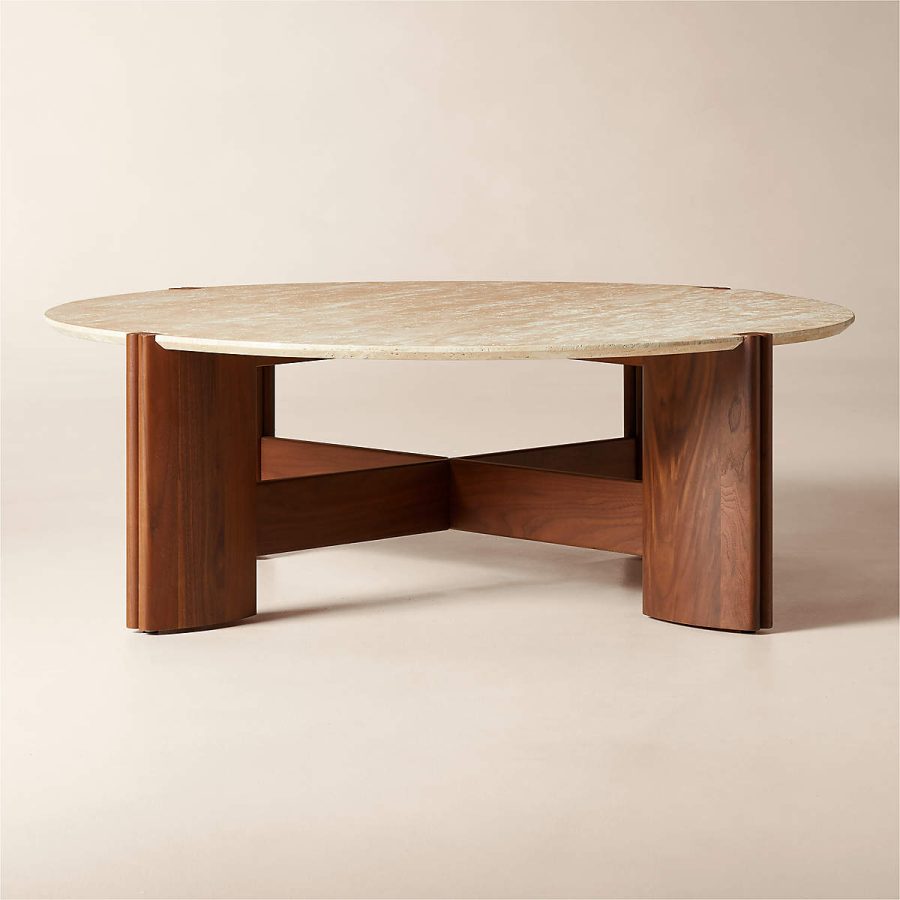 Camel Brown Marble And Walnut Wood Coffee Table