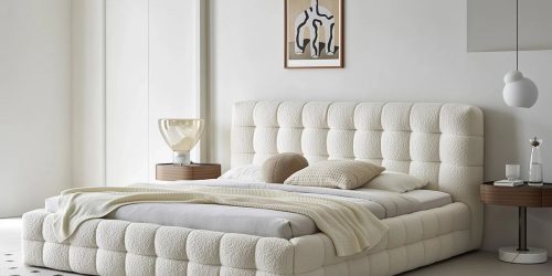 White Upholstered  Boucle Queen Bed
