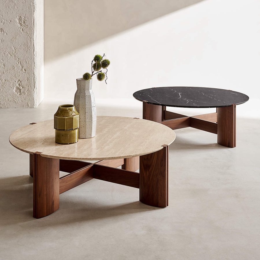 Camel Brown Marble And Walnut Wood Coffee Table