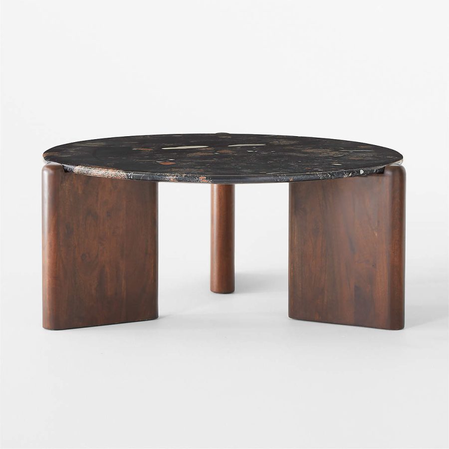 Round Marble And Walnut Wood Coffee Table
